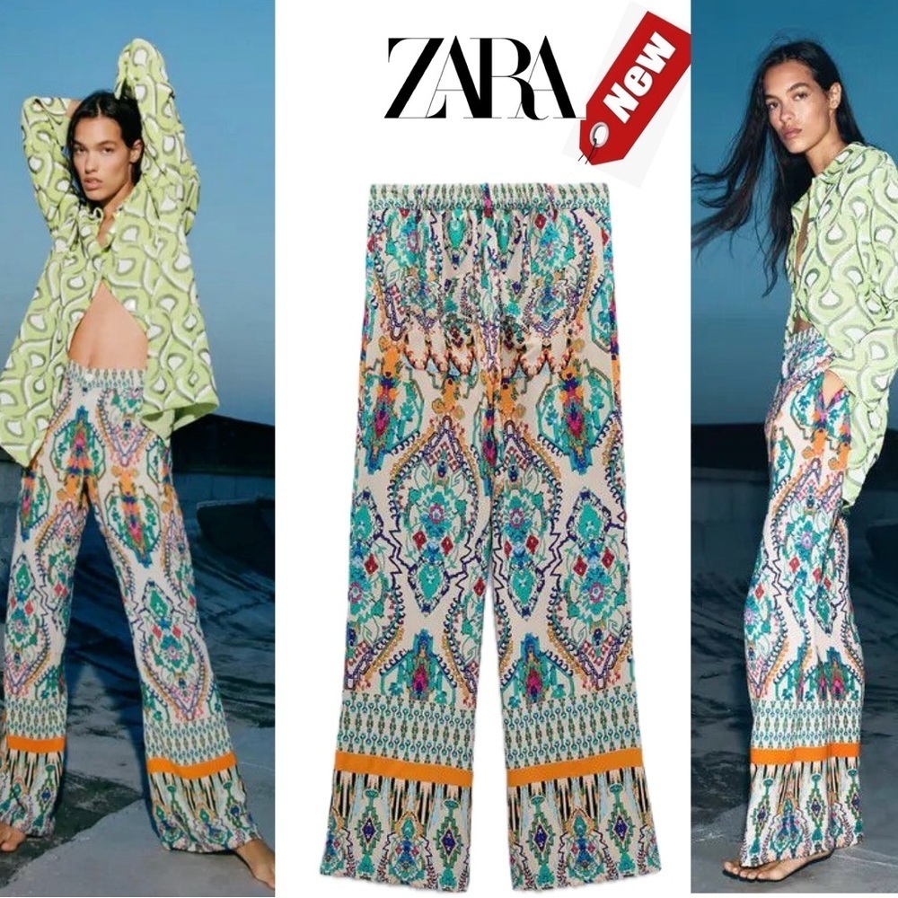 ZARA Multi Paisley Boho Bohemian Printed Flared Wide Leg High Waisted Pants NWT
